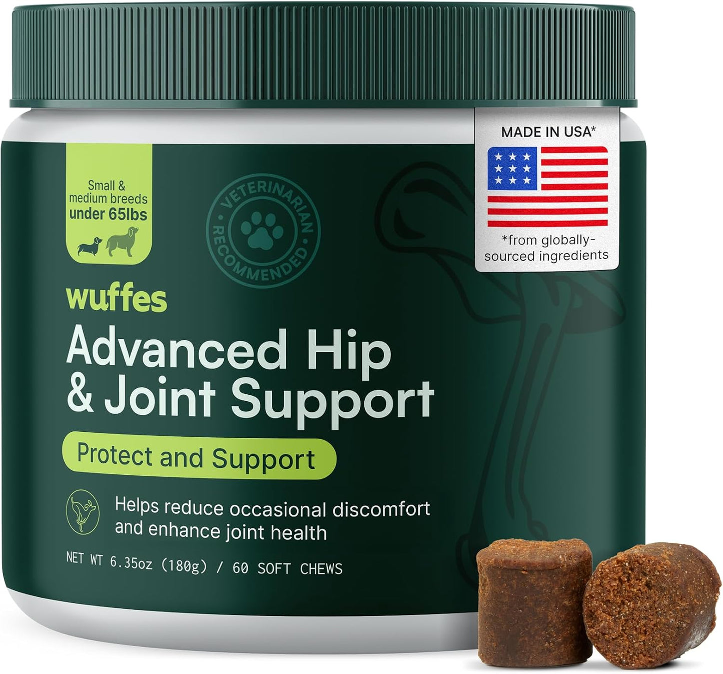 Wuffes Advanced Dog Hip and Joint Supplement with Glucosamine, Chondroitin, Omega 3, MSM, and Green Lipped Mussel, 120 Pork Flavored Chews for Small and Medium Dog Breeds